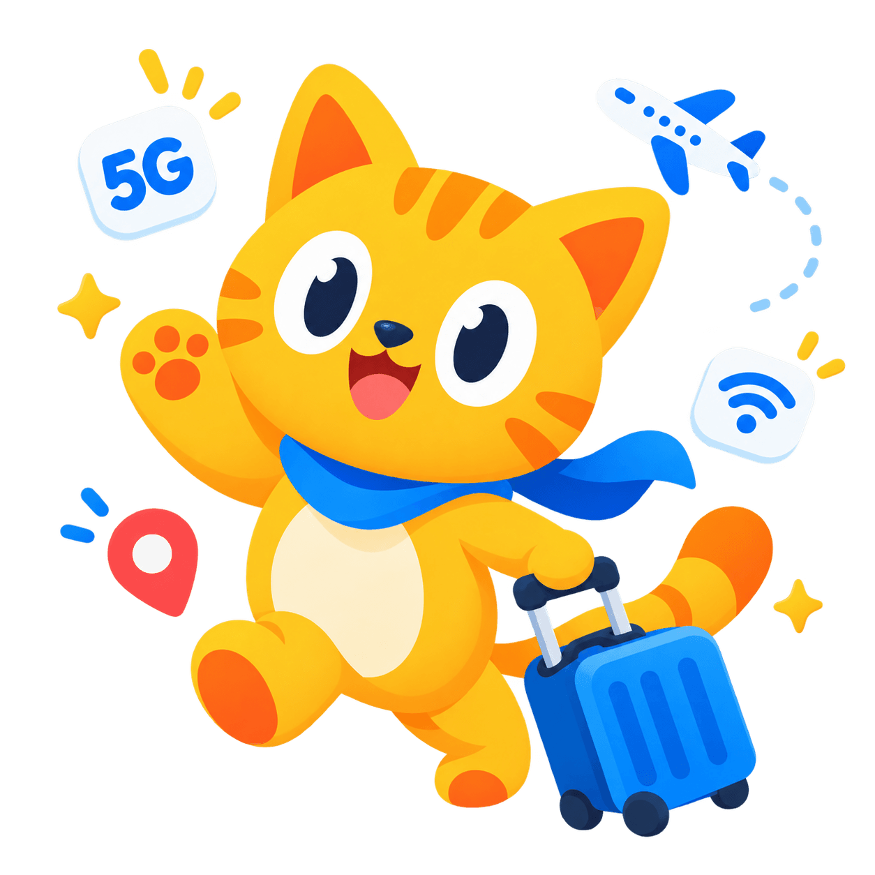 SIM, the MyTripSim mascot, travelling with a suitcase